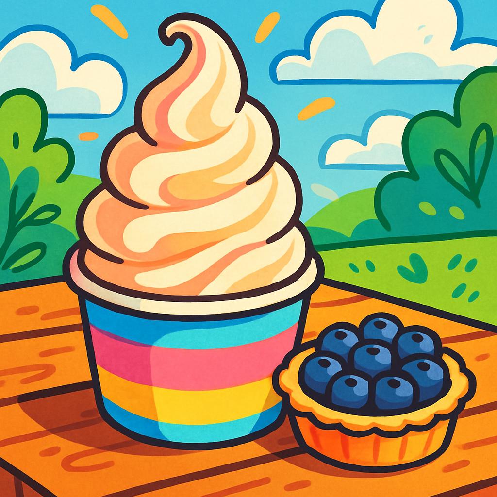 A colorful cup of soft-serve ice cream and a blueberry tart on a sunny picnic table. A blue sky with puffy clouds is in th...