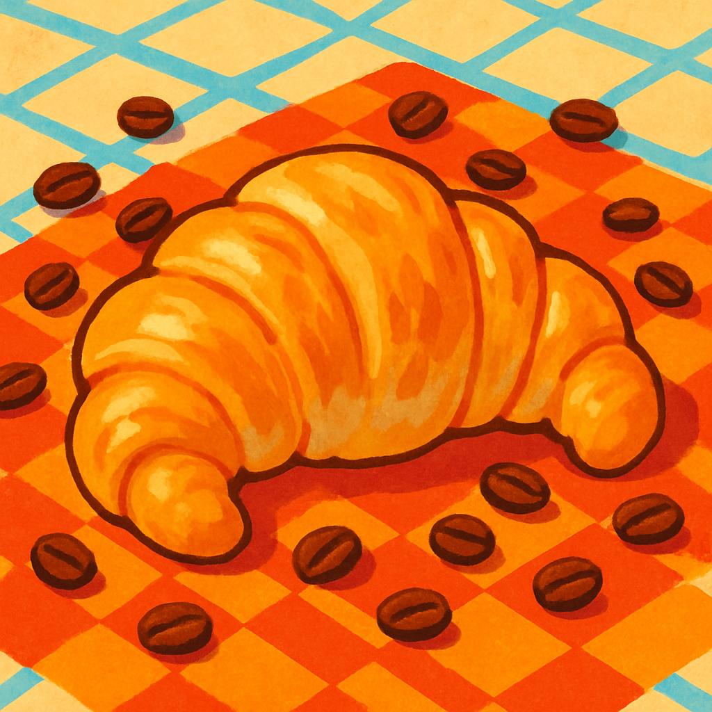 A vibrant illustration of a croissant and coffee beans on a vibrant orange and yellow checkered tablecloth. The croissant ...
