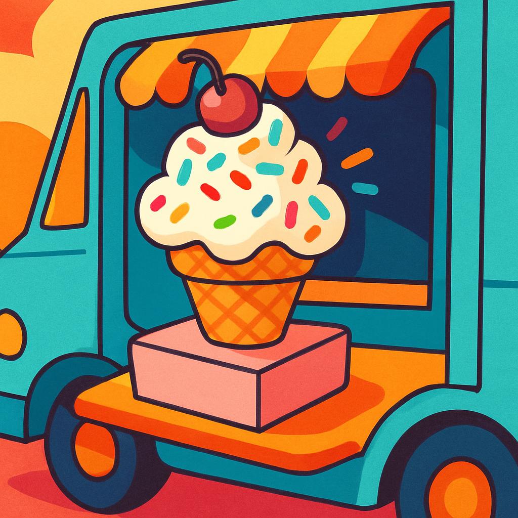 A colorful cartoon image of an ice cream truck featuring a large ice cream cone with whipped cream, sprinkles, and a cherr...